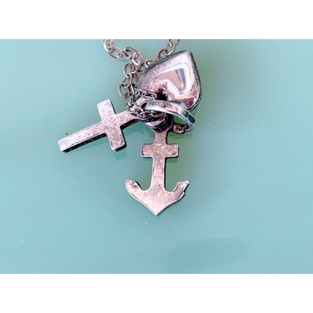 Antique Sterling Charm Necklace Puffy heart, Cross, Anchor - Picture 9 of 11
